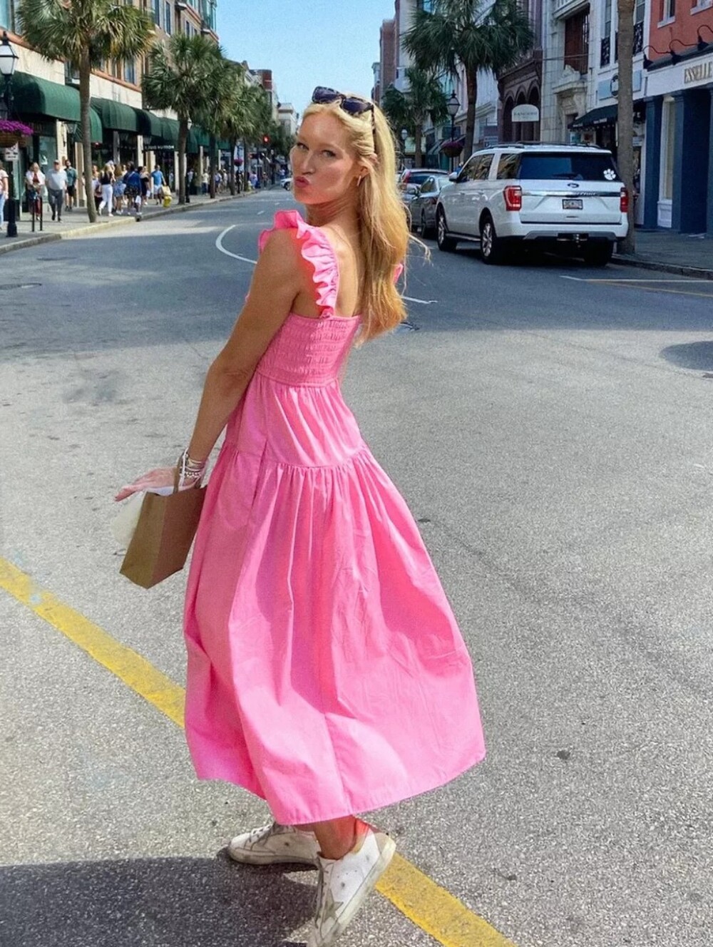 Abercrombie & Fitch Smocked Ruffle Strap Midi Dress - Barbie Pink Size: Small - Picture 2 of 7
